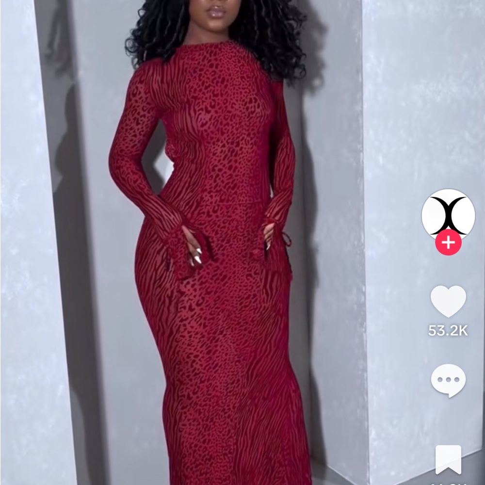 Long Sleeve Red Animal-Print Maxi Dress